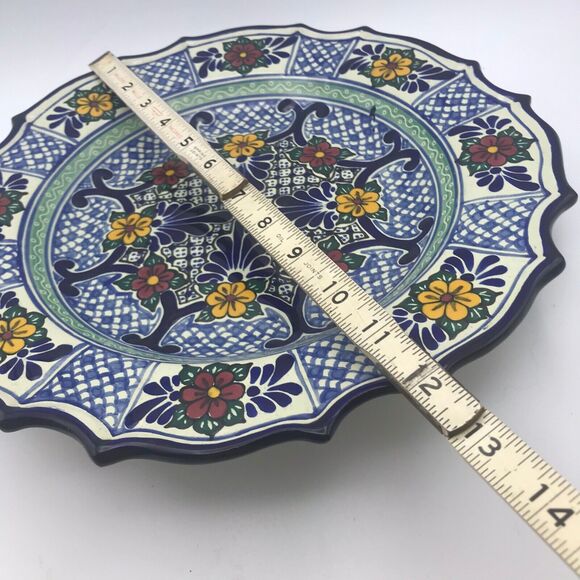 Talavera Pottery Mexican Hand Painted Plate Dish Blue Geo Floral Vintage Signed - Picture 10 of 10